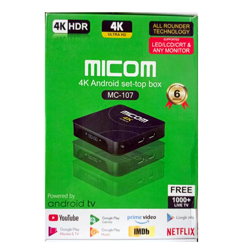 Micom MC-107 4K Android Set Top Box Free Dish Channel, YouTube, Games, Play Store