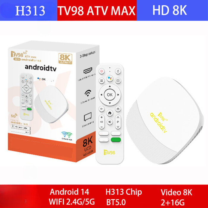 TV98 ATV MAX Android 14 TV Box H313 2GB 16GB Wifi6 BT 4K Full HD AV1 Media Player